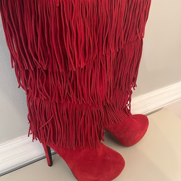 Red, Real Suede Shag Stiletto Boots - Picture 1 of 2